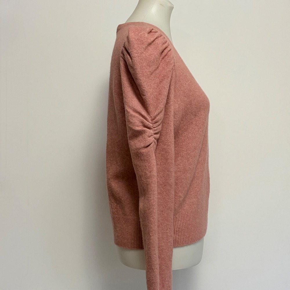 White House Black Market Sweater Medium Rose Pink Puff Shoulder Ruched V-Neck - Picture 4 of 10